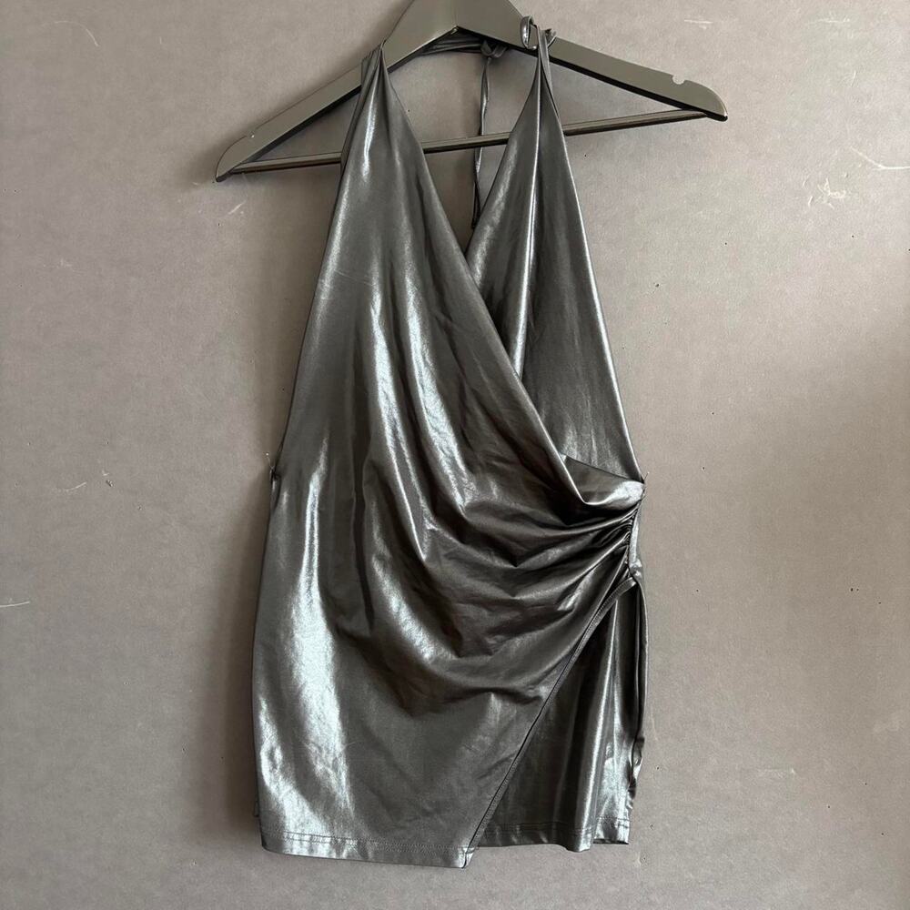 Princess Polly Metallic Black Cowl Halter Backless Going Out Top Y2K - Size 2